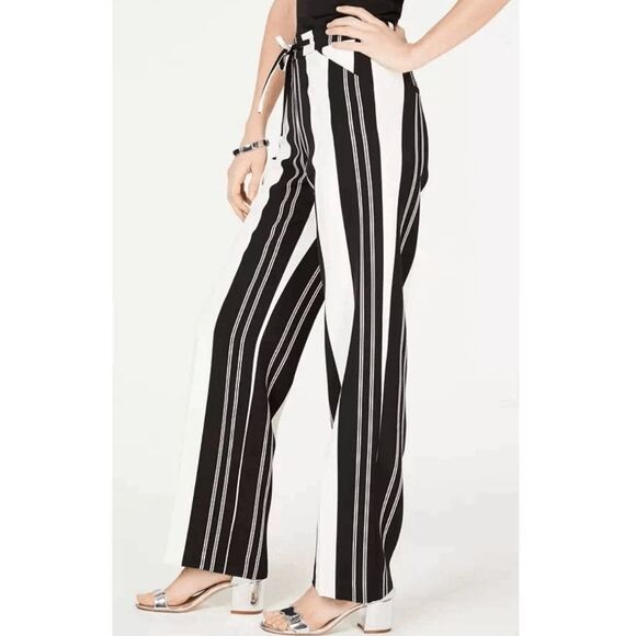 INC NWT Black Striped Drawstring Black/White Wide Leg Pants, Size 4, MSRP $70 - Picture 2 of 7